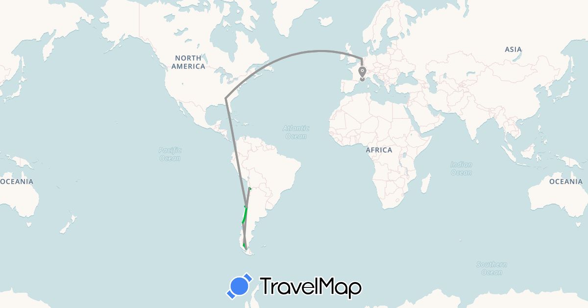 TravelMap itinerary: driving, bus, plane in Chile, France, Netherlands, United States (Europe, North America, South America)